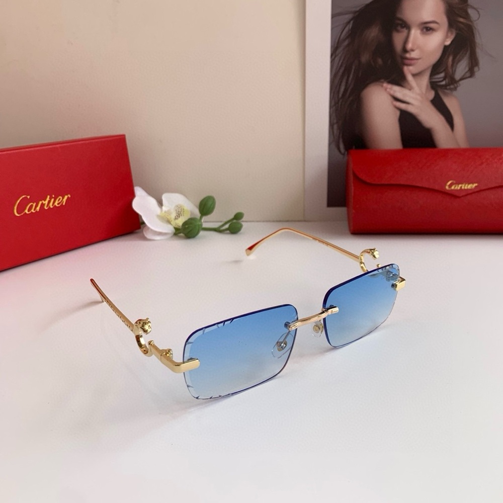 Cartier Gold Frame Blue Lens Sunglasses